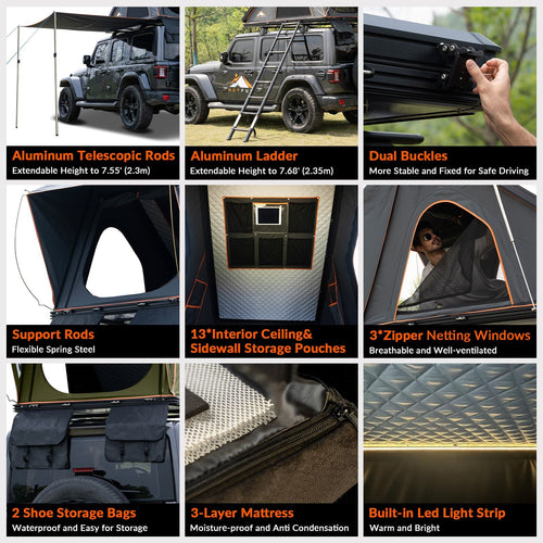 Roll over image to zoom in Adventurer Plus Rooftop Tent Hardshell with Side Awning, Air Conditioner Outlet with Bracket, &Replaceable Rain Flies, Truck Bed Tent for Camping, Pop Up Overland Roof Tents EasyOptionXY LLC
