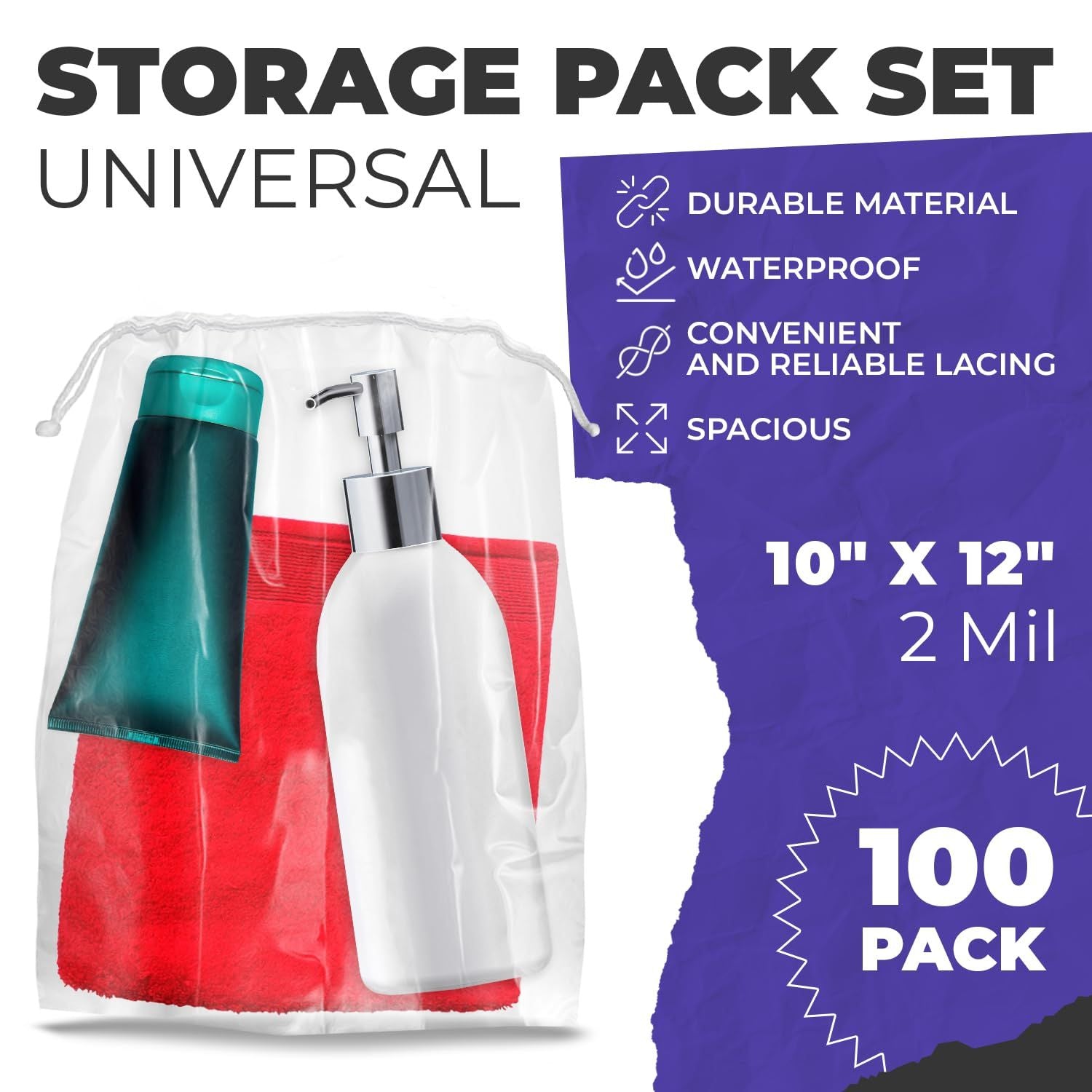 Clear Drawstring Bag, 10 x 12 Inches. Pack of 100 Clear Plastic Drawstring Bags. 2 Mil Drawstring Clear Plastic Bags. Waterproof Clear Plastic Bags Drawstring for Cosmetics, Toiletries EasyOptionXY LLC