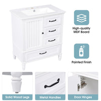 30" Bathroom Vanity with Sink, Bathroom Cabinet with A Door, Three Drawers, Solid Wood Legs & MDF Board, Adiustable Foot Pads, White EasyOptionXY LLC