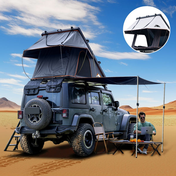 Roll over image to zoom in Adventurer Plus Rooftop Tent Hardshell with Side Awning, Air Conditioner Outlet with Bracket, &Replaceable Rain Flies, Truck Bed Tent for Camping, Pop Up Overland Roof Tents EasyOptionXY LLC