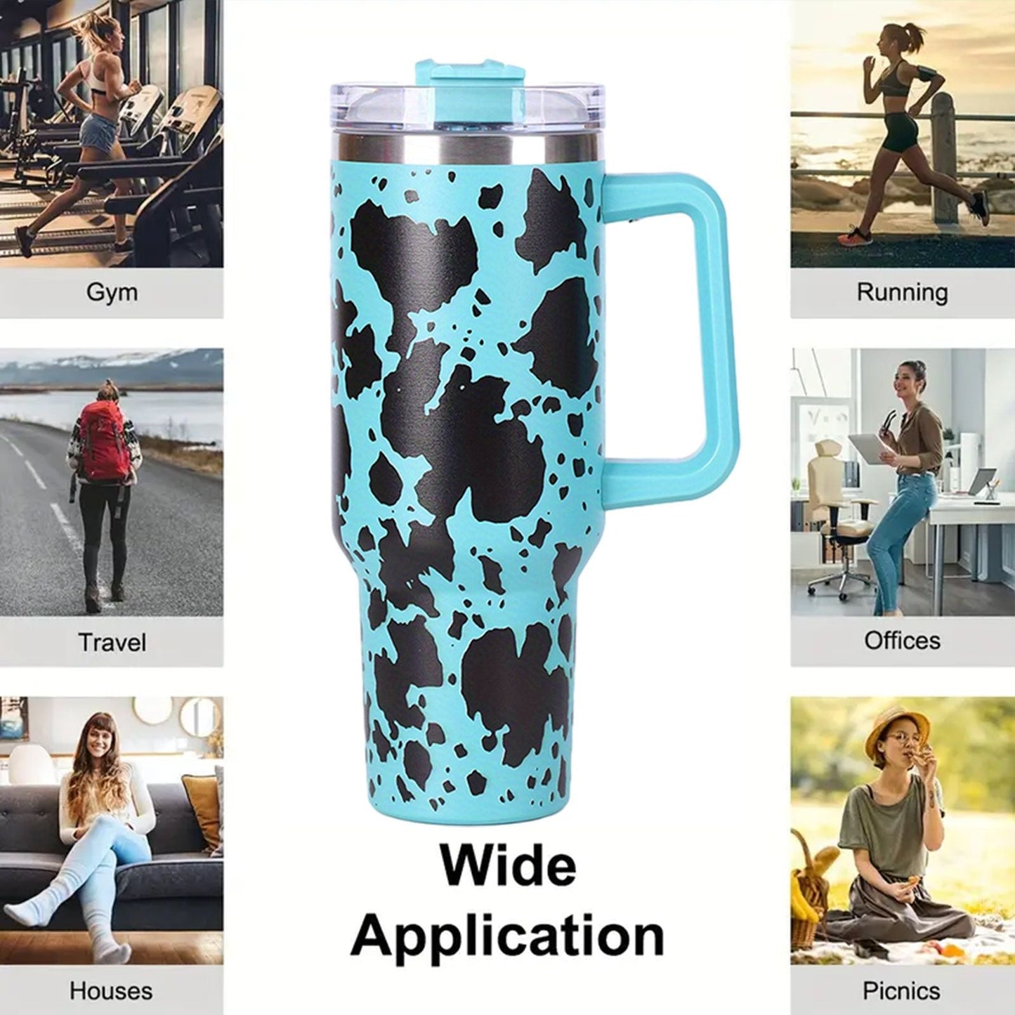 40oz 5D cowprint Insulated Tumbler With Handle And Straw Lid Portable Large Capacity water bottle, Heat preservation,304 Stainless Steel Cup For Outdoor Sports, Travel & Camping Birthday Gift EasyOptionXY LLC