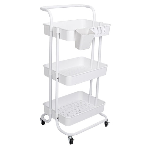 3 Tier Rolling Utility Cart Movable Storage Organizer with Mesh Baskets Lockable Wheels 360 Degree Rotatable Hanging Box Hooks Bedroom Bathroom Kitchen EasyOptionXY LLC