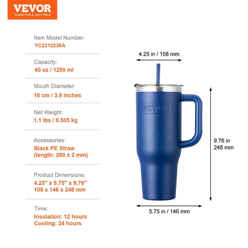 40 oz Insulated Water Bottle Stainless Steel Coffee Cup Handheld Blue EasyOptionXY LLC