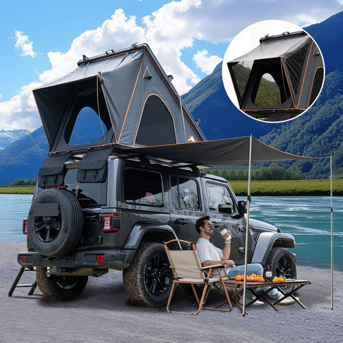 Explorer Plus Rooftop Tent Hardshell with Side Awning, Air Conditioner Outlet with Bracket, Luggage Racks&Replaceable Netting Rain Curtain, Truck Bed Tent for Camping, Pop Up SUV Roof Top Tent EasyOptionXY LLC