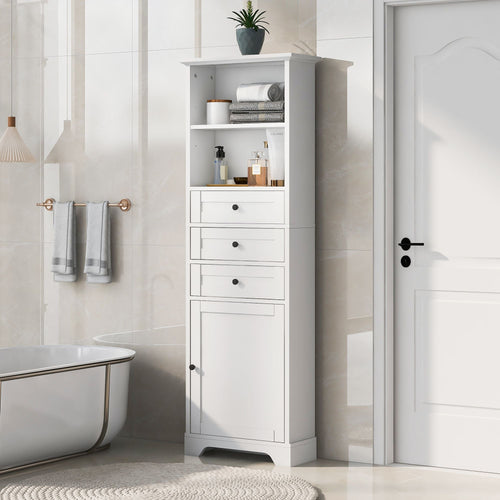 White Tall Storage Cabinet with 3 Drawers and Adjustable Shelves for Bathroom, Kitchen and Living Room, MDF Board with Painted Finish EasyOptionXY LLC