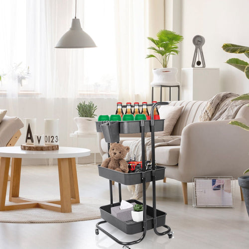 3 Tier Rolling Utility Cart Movable Storage Organizer with Mesh Baskets Lockable Wheels 360 Degree Rotatable Hanging Box Hooks Bedroom Bathroom Kitchen EasyOptionXY LLC