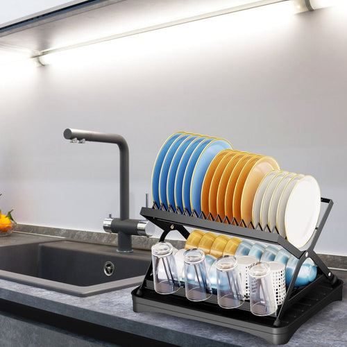 2 Tier Dish Drying Rack with Cup Holder Foldable Dish Drainer Shelf for Kitchen Countertop Rustproof Utensil Holder with Drainboard Black EasyOptionXY LLC
