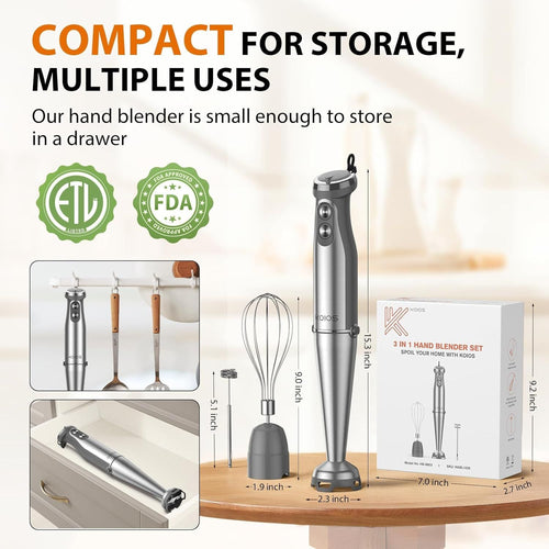 KOIOS Immersion Blender, 1000W Anti-scratch 3-in-1 Hand Blender, Upgraded 12 Speed Stainless Steel Blade Stick Blender with Turbo Mode, Whisk and Milk Frother, B PA-F ree EasyOptionXY LLC