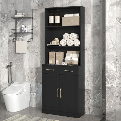 Bathroom Storage Cabinet, Cabinet with Two Doors and Drawers, Adjustable Shelf, Three-layer Open Shelf, MDF Board EasyOptionXY LLC