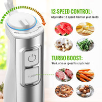 Hand Blender, 5 in 1 Multi-Purpose Immersion Blender set, 1100 watts 12 Adjustable Speed Stick Blender, 600ml Beaker, 500ml Food Processor Container, Egg Whisk, Milk Frother, White EasyOptionXY LLC