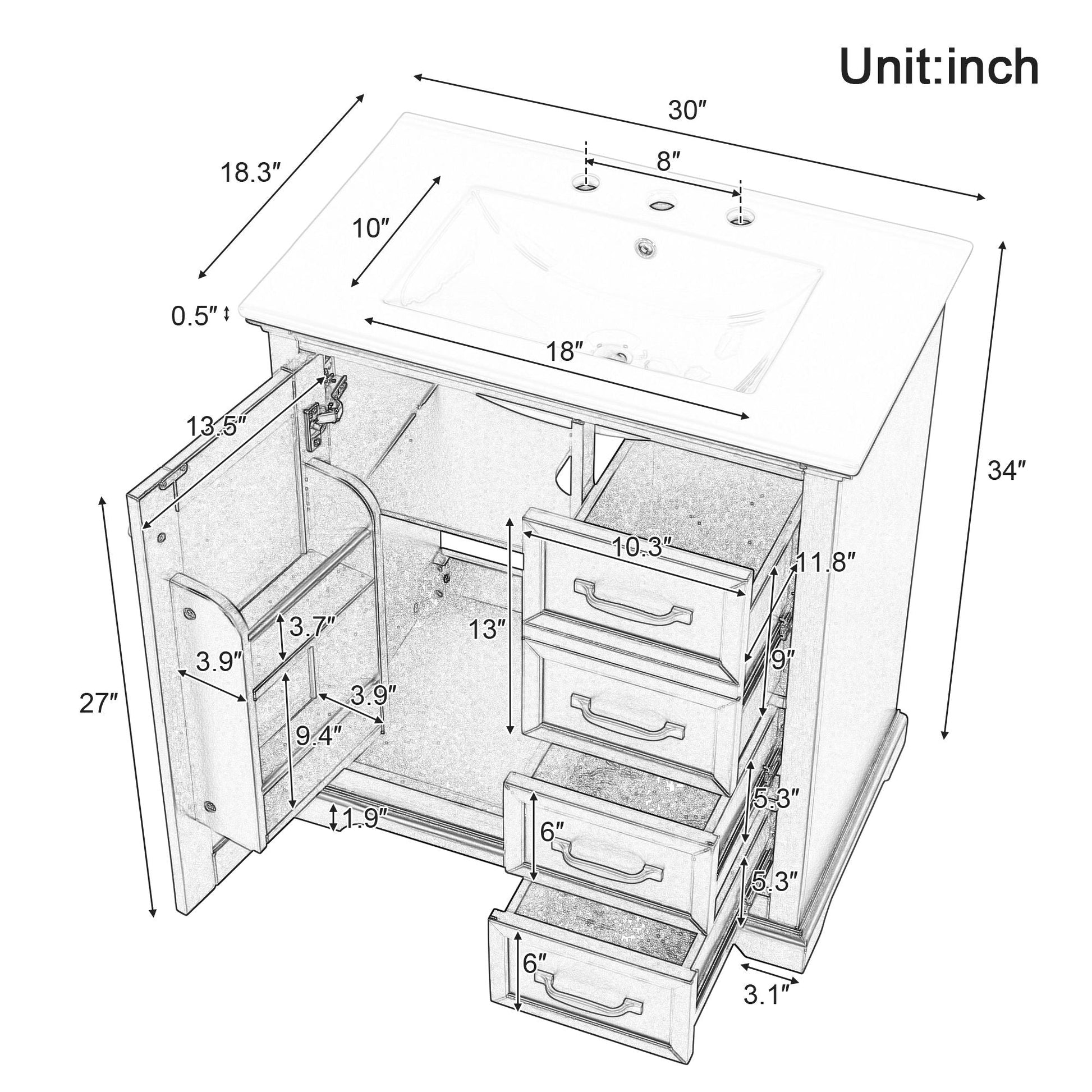30" Bathroom Vanity with Sink, One Package, Bathroom Cabinet with Drawers, Solid Frame and MDF Board EasyOptionXY LLC