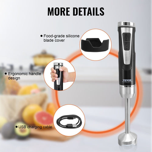 VEVOR Commercial Immersion Blender, 200 Watt 8-Speed Heavy Duty Immersion Blender, Stainless Steel Blade Copper Motor Hand Mixer, USB Charging Cable Multi-purpose Easy Control Grip Stick Mixer, Black EasyOptionXY LLC