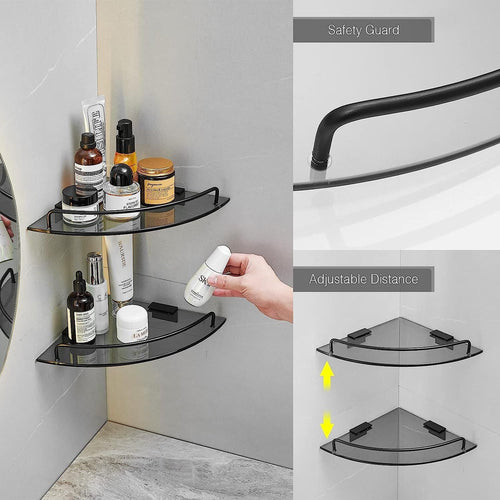 Glass Corner Shelf for Bathroom Corner Shower Shelf Black Tempered Glass Shelf with Rail Bathroom Corner Organizer Bathroom Shelves Wall Mounted EasyOptionXY LLC