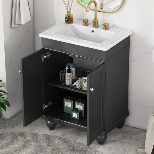 24" Modern Sleek Bathroom Vanity Elegant Ceramic Sink with Solid Wood Frame, Adjustable Shelf EasyOptionXY LLC