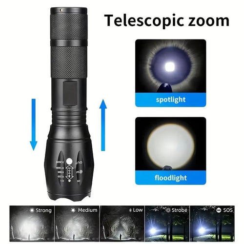 High Power LED Tactical Flashlight 5-Mode Light Zoom Waterproof Portable Torch For Camping Hiking Outdoor Hunting Aluminum Alloy Bright Tactical Flashlight LED 5 Modes Zoomable Searchlight Handheld EasyOptionXY LLC