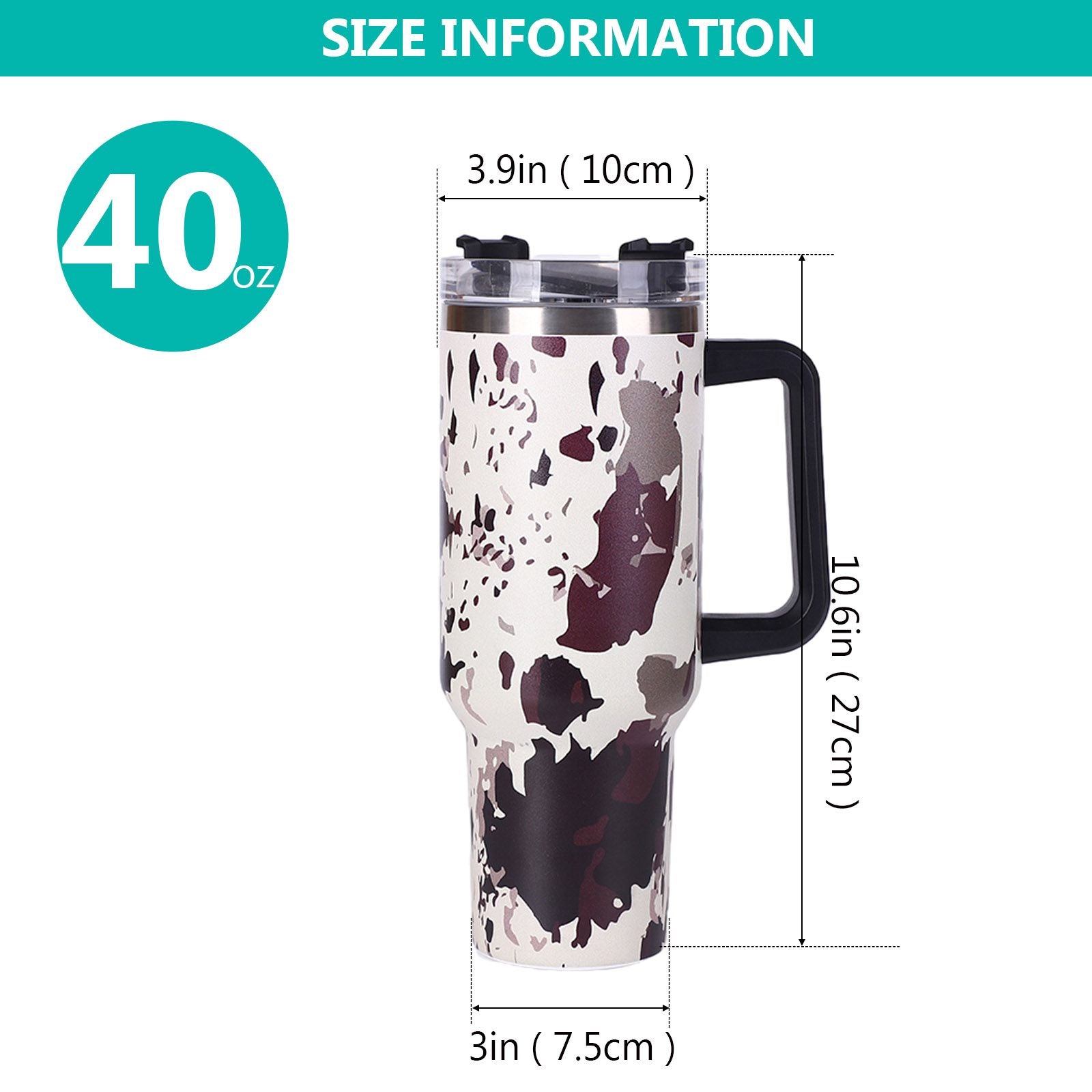 40oz 5D cowprint Insulated Tumbler With Handle And Straw Lid Portable Large Capacity water bottle, Heat preservation,304 Stainless Steel Cup For Outdoor Sports, Travel & Camping Birthday Gift EasyOptionXY LLC