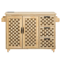 53.2"W 3D Woven Checkerboard Pattern Design Kitchen Island with Drop Leaf, Rolling Kitchen Island on Wheels with Internal Storage Rack, Power Outlet, Kitchen Cart with 3 Drawers 2 Cabinets, Nature EasyOptionXY LLC