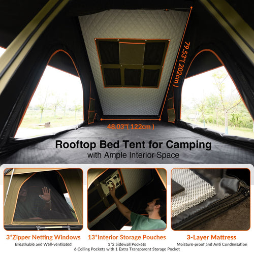 Roll over image to zoom in Adventurer Plus Rooftop Tent Hardshell with Side Awning, Air Conditioner Outlet with Bracket, &Replaceable Rain Flies, Truck Bed Tent for Camping, Pop Up Overland Roof Tents EasyOptionXY LLC