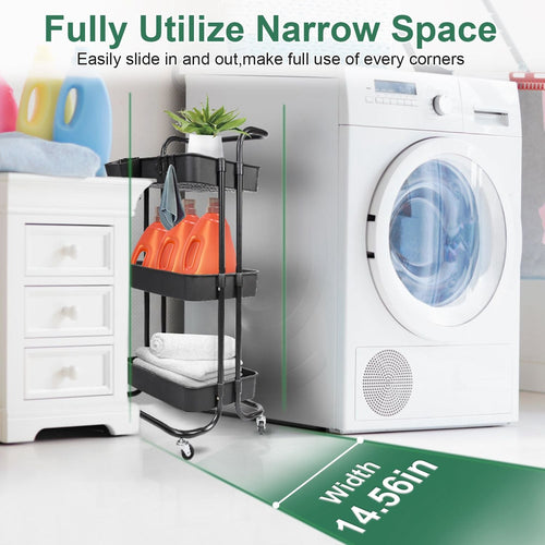 3 Tier Rolling Utility Cart Movable Storage Organizer with Mesh Baskets Lockable Wheels 360 Degree Rotatable Hanging Box Hooks Bedroom Bathroom Kitchen EasyOptionXY LLC