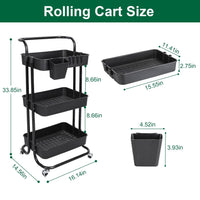 3 Tier Rolling Utility Cart Movable Storage Organizer with Mesh Baskets Lockable Wheels 360 Degree Rotatable Hanging Box Hooks Bedroom Bathroom Kitchen EasyOptionXY LLC