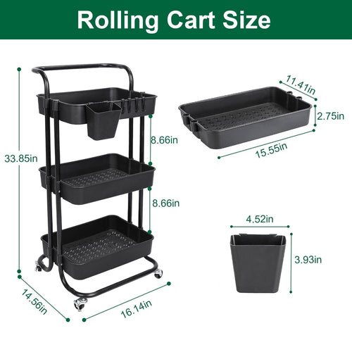 3 Tier Rolling Utility Cart Movable Storage Organizer with Mesh Baskets Lockable Wheels 360 Degree Rotatable Hanging Box Hooks Bedroom Bathroom Kitchen EasyOptionXY LLC