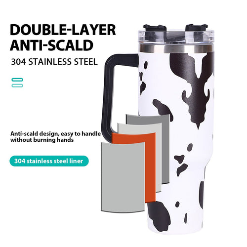 40oz 5D cowprint Insulated Tumbler With Handle And Straw Lid Portable Large Capacity water bottle, Heat preservation,304 Stainless Steel Cup For Outdoor Sports, Travel & Camping Birthday Gift EasyOptionXY LLC