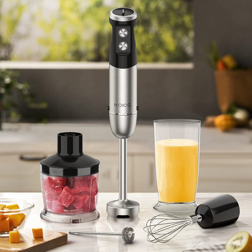 KOIOS 1000W Immersion Hand Blender, Multifunctional 5-in-1 Handheld Blender, 12-Speeds, Stainless Steel blender shaft, includes 600ml Mixing Beaker, 500ml Chopper, Whisk Attachment and Milk Frother EasyOptionXY LLC