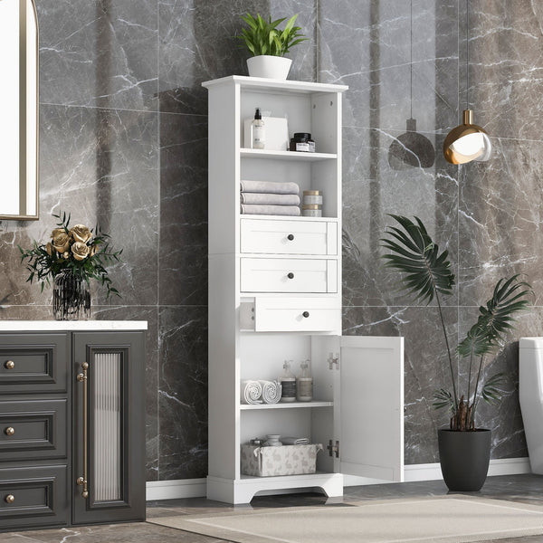 White Tall Storage Cabinet with 3 Drawers and Adjustable Shelves for Bathroom, Study, Office and Interior, MDF Board with Painted Finish EasyOptionXY LLC