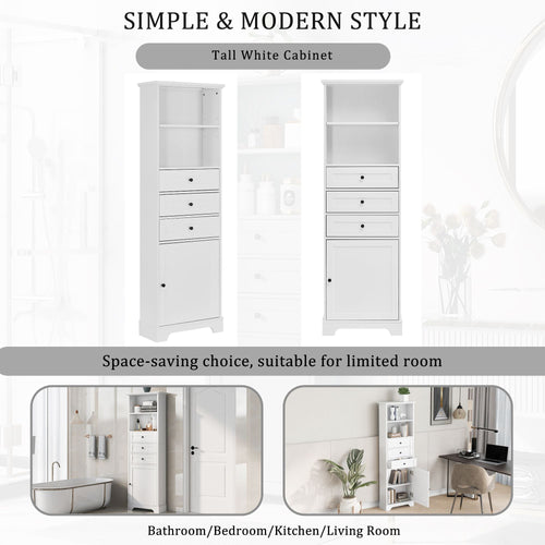 White Tall Storage Cabinet with 3 Drawers and Adjustable Shelves for Bathroom, Kitchen and Living Room, MDF Board with Painted Finish EasyOptionXY LLC