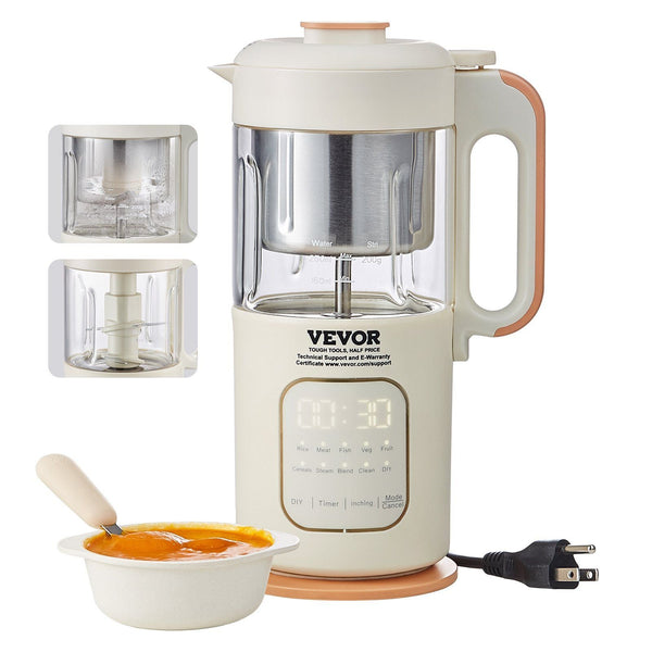 VEVOR Baby Food Maker, 500W Baby Food Processor with 300 ml Glass Bowl, SUS304 Stainless Steel 4-Blade Baby Food Puree Blender Steamer Grinder for Food, Fruit, Vegetable, Meat EasyOptionXY LLC