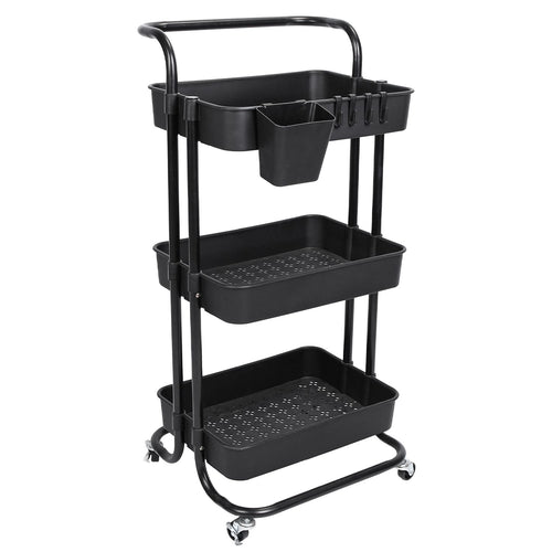 3 Tier Rolling Utility Cart Movable Storage Organizer with Mesh Baskets Lockable Wheels 360 Degree Rotatable Hanging Box Hooks Bedroom Bathroom Kitchen EasyOptionXY LLC