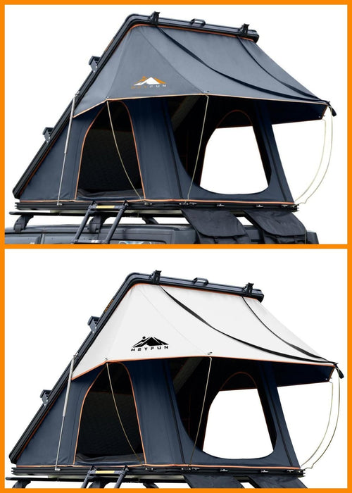 Roll over image to zoom in Adventurer Plus Rooftop Tent Hardshell with Side Awning, Air Conditioner Outlet with Bracket, &Replaceable Rain Flies, Truck Bed Tent for Camping, Pop Up Overland Roof Tents EasyOptionXY LLC