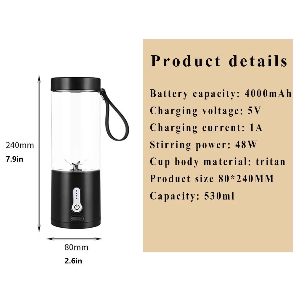 1pc 530ML Powerful Portable Blender For Smoothies Shakes USB Rechargeable Food Processor Fruit Mixer Machine Mini Juicer Blender Cup EasyOptionXY LLC