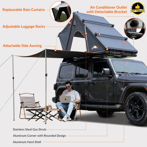 Explorer Plus Rooftop Tent Hardshell with Side Awning, Air Conditioner Outlet with Bracket, Luggage Racks&Replaceable Netting Rain Curtain, Truck Bed Tent for Camping, Pop Up SUV Roof Top Tent EasyOptionXY LLC