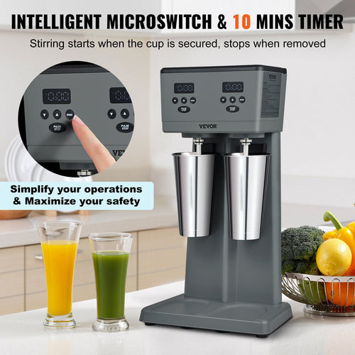 VEVOR Milkshake Maker, 375W x 2 Electric Milkshake Machine, Commercial Double Heads Drink Mixer Blender, LED Intelligent Microswitch, 3-Speed Milkshake Mixer with 2 x 820 ml Stainless Steel Cups EasyOptionXY LLC