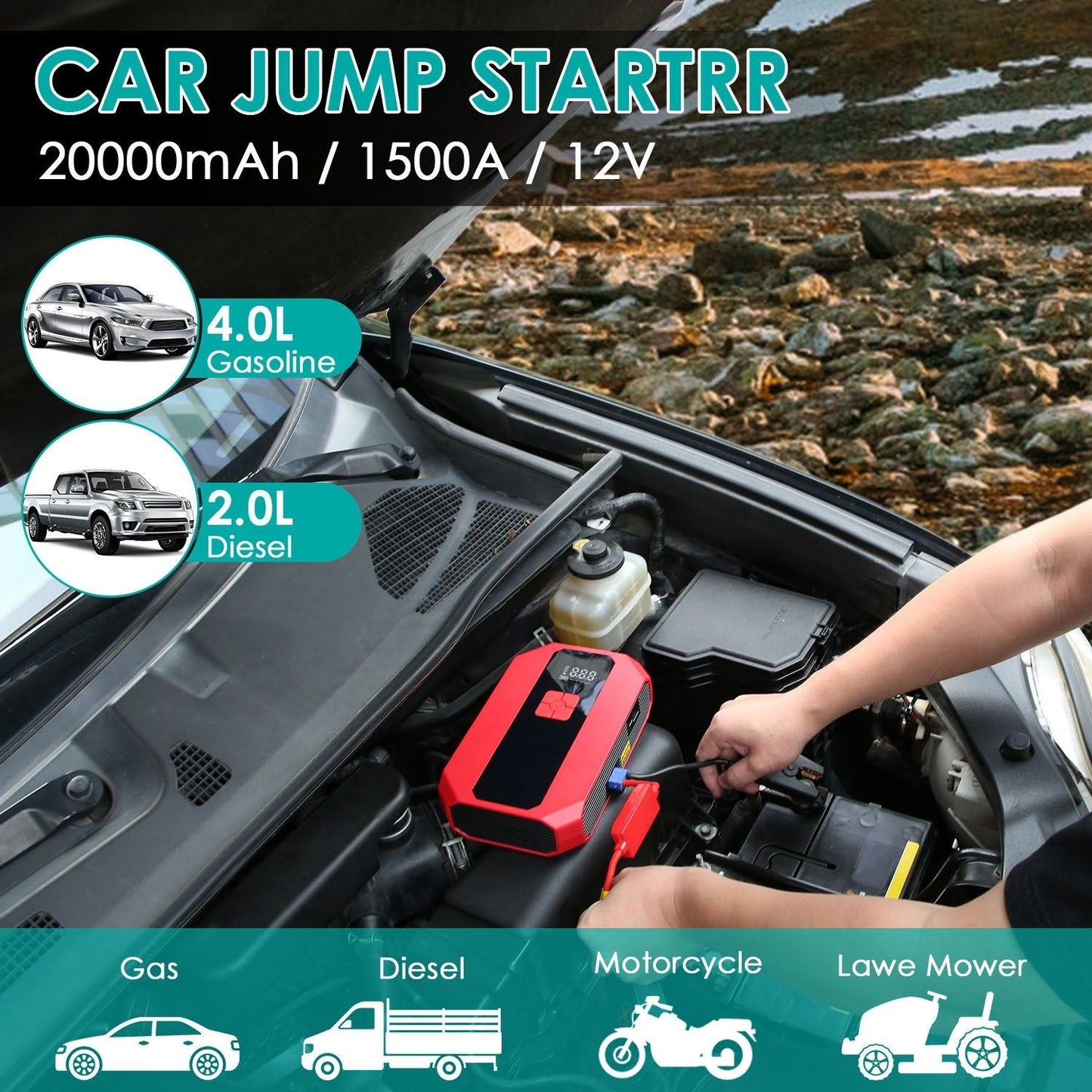 Portable Car Jump Starter Air Compressor 1500A 400PSI Car Battery Charger Jump Starter Power Bank LED Flashlight Digital Tire Inflator for 4.0L Gasoline Or 2.0L Diesel Engine EasyOptionXY LLC