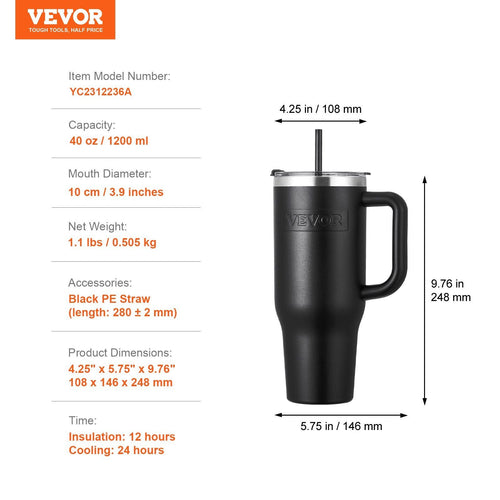 40 oz Insulated Water Bottle Stainless Steel Coffee Cup Handheld Black EasyOptionXY LLC