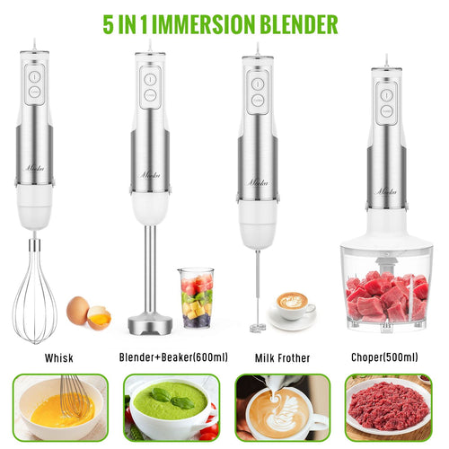 MOOKA FAMILY 5-in-1 Immersion Blender Set, 1100W 12-Speed Hand Stick Blender with 600ml Beaker, 500ml Food Processor, Egg Whisk, Milk Frother, White EasyOptionXY LLC
