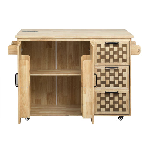 53.2"W 3D Woven Checkerboard Pattern Design Kitchen Island with Drop Leaf, Rolling Kitchen Island on Wheels with Internal Storage Rack, Power Outlet, Kitchen Cart with 3 Drawers 2 Cabinets, Nature EasyOptionXY LLC