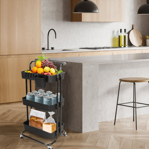 3 Tier Rolling Utility Cart Movable Storage Organizer with Mesh Baskets Lockable Wheels 360 Degree Rotatable Hanging Box Hooks Bedroom Bathroom Kitchen EasyOptionXY LLC