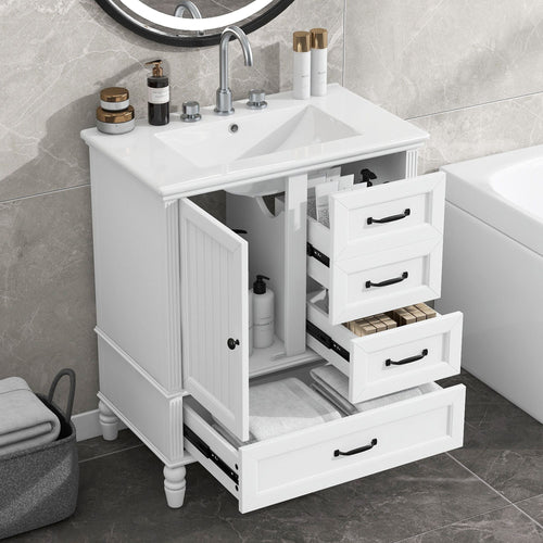 30" Bathroom Vanity with Sink, Bathroom Cabinet with A Door, Three Drawers, Solid Wood Legs & MDF Board, Adiustable Foot Pads, White EasyOptionXY LLC