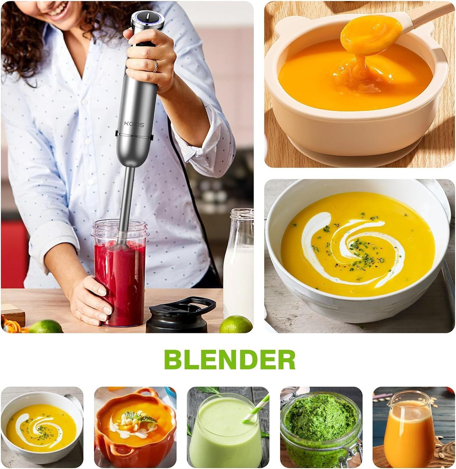 KOIOS Immersion Hand Blender, 5-in-1 Hand Blender with Entire Stainless Steel Blender Shaft, Full Copper Motor, Built in 12 Speed Turbo Stick Blender, Handheld blender for Baby food, Smoothies, Soups EasyOptionXY LLC