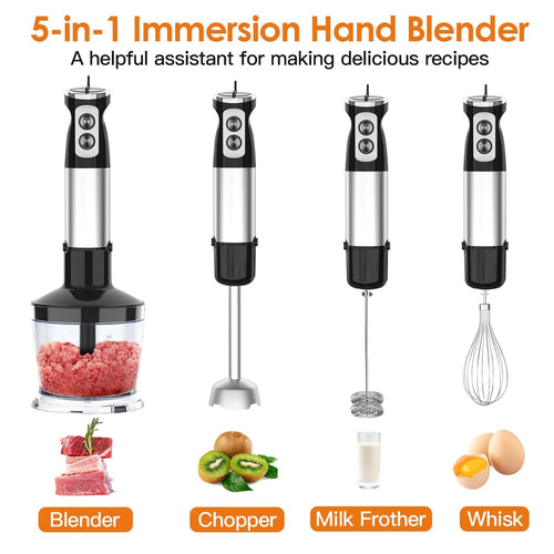 1000W 5 In 1 Immersion Hand Blender Stainless Steel Hand Mixer with 12 Speeds Turbo Mode Food Processor with 20Oz Beaker 17Oz Chopper Whisk Milk Frother EasyOptionXY LLC