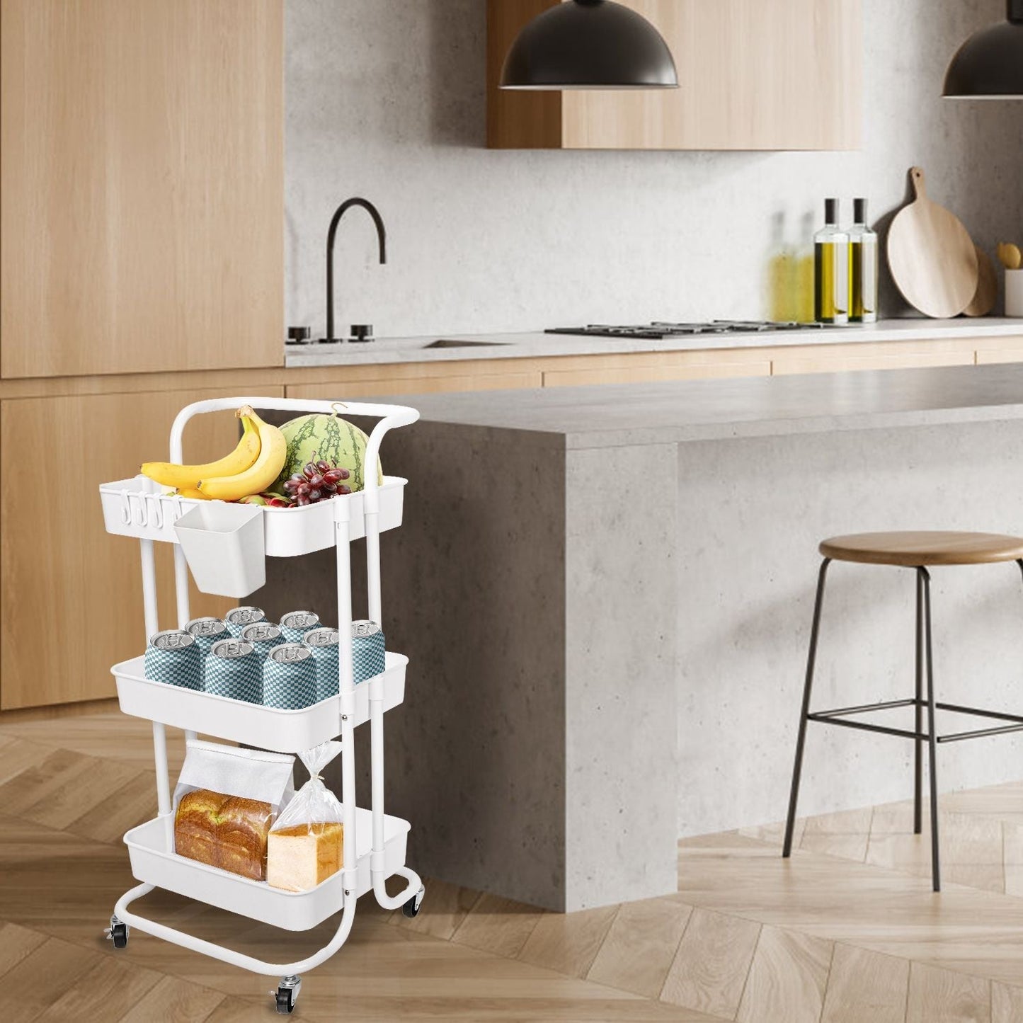 3 Tier Rolling Utility Cart Movable Storage Organizer with Mesh Baskets Lockable Wheels 360 Degree Rotatable Hanging Box Hooks Bedroom Bathroom Kitchen EasyOptionXY LLC