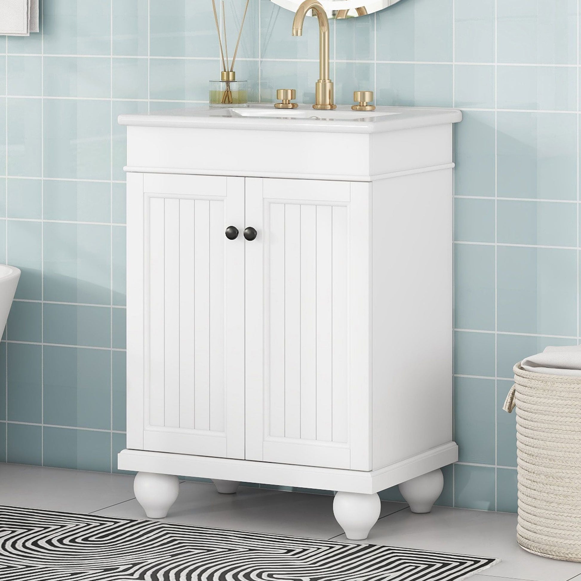 24" Modern Sleek Bathroom Vanity Elegant Ceramic Sink with Solid Wood Frame, Adjustable Shelf EasyOptionXY LLC