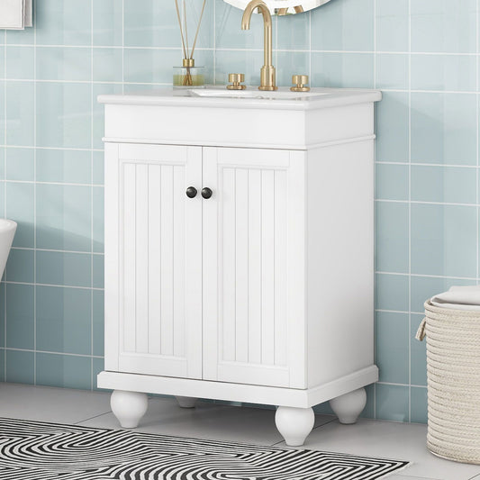 24" Modern Sleek Bathroom Vanity Elegant Ceramic Sink with Solid Wood Frame, Adjustable Shelf EasyOptionXY LLC