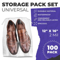 Clear Drawstring Travel Bags for Shoes, 12 x 16 Inches. Pack of 100 Waterproof Dust Bags for Shoes with Double Cotton Drawstrings. 2 mil PE Plastic Drawstring Bags for Packing, Storage EasyOptionXY LLC
