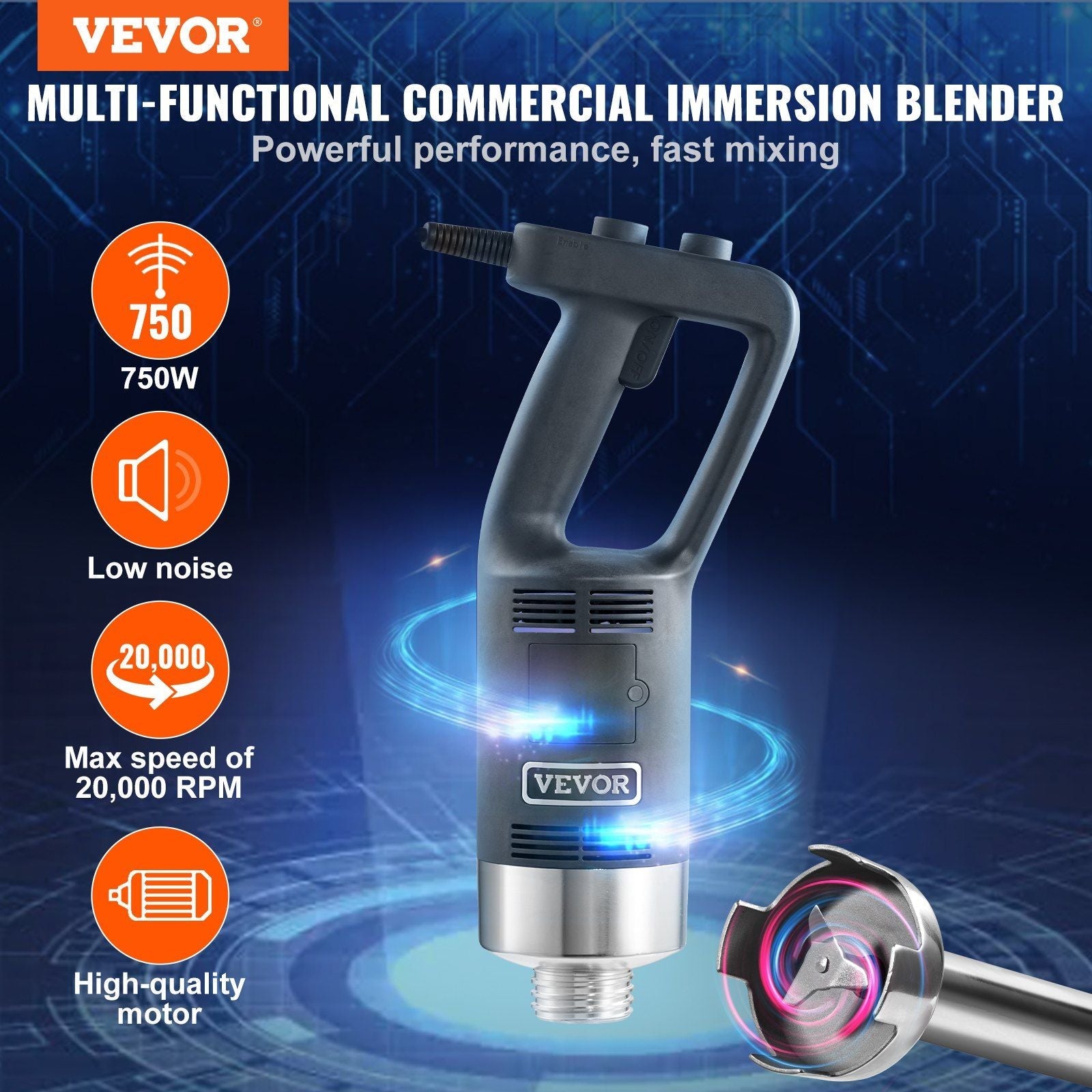 VEVOR Commercial Immersion Blender, 750W 16" Heavy Duty Hand Mixer, Variable Speed Kitchen Stick Mixer with 304 Stainless Steel Blade, Multi-Purpose Portable Mixer for Soup, Smoothie, Puree, Baby Food EasyOptionXY LLC