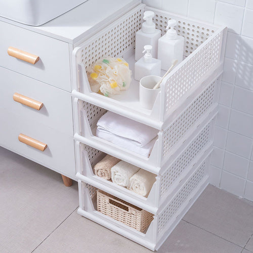 4 Packs Plastic Storage Box Closet Organizer Foldable Storage Bin Stackable Drawer with Slide Rail Push-Pull Storage Basket for Living Room Bedroom Wardrobe White EasyOptionXY LLC