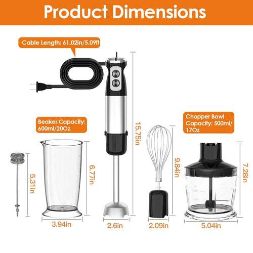 1000W 5 In 1 Immersion Hand Blender Stainless Steel Hand Mixer with 12 Speeds Turbo Mode Food Processor with 20Oz Beaker 17Oz Chopper Whisk Milk Frother EasyOptionXY LLC